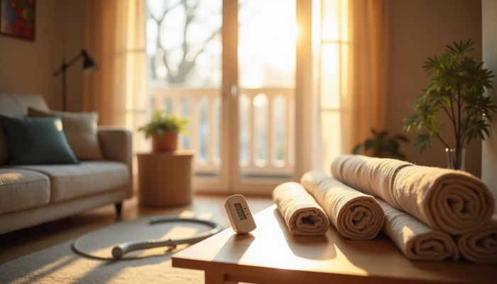 A person conducting a home energy check using a thermometer, draft snake, and insulation materials in a living room setting.