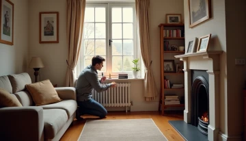 A person checking for air leaks around a window in a modern living room