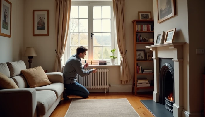 A person checking for air leaks around a window in a modern living room
