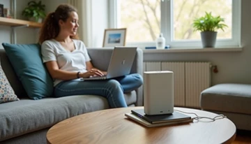 A renter holding a portable power station in their apartment living room