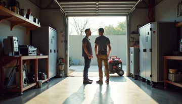 A person standing between a battery bank system and a portable generator in a garage