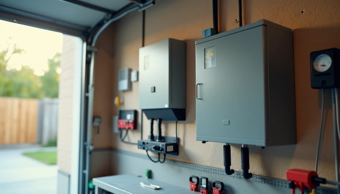 Home garage with grid-connected battery system