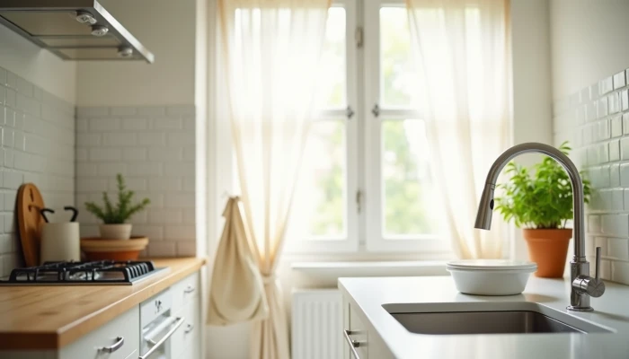 A modern kitchen with eco-friendly upgrades including a compost bin, water-saving faucet aerator, and potted herbs, showcasing simple, budget-friendly sustainable living solutions.