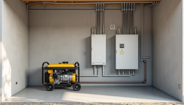 A modern home utility room featuring a portable generator and home battery backup system alongside an electrical panel, with abstract energy flow visuals