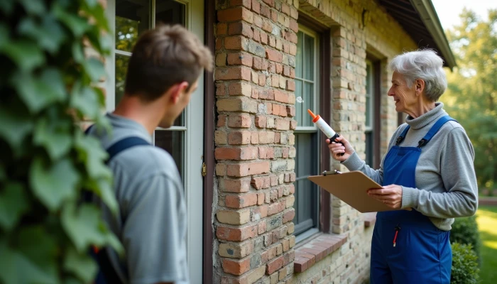 Homeowners inspecting and sealing cracks in an older home's exterior wall