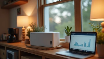 A family room featuring a home battery backup system, everyday appliances, and a blurred laptop displaying an energy usage graph.