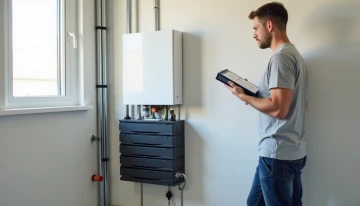 A homeowner assessing a wall-mounted battery backup system in a utility room