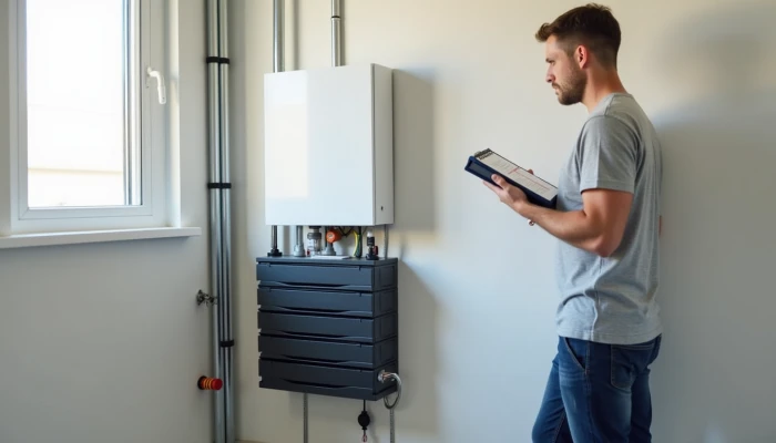 A homeowner assessing a wall-mounted battery backup system in a utility room