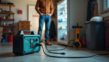 A portable power station providing backup power to a fridge in a garage