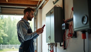 Homeowner checking home battery backup in garage