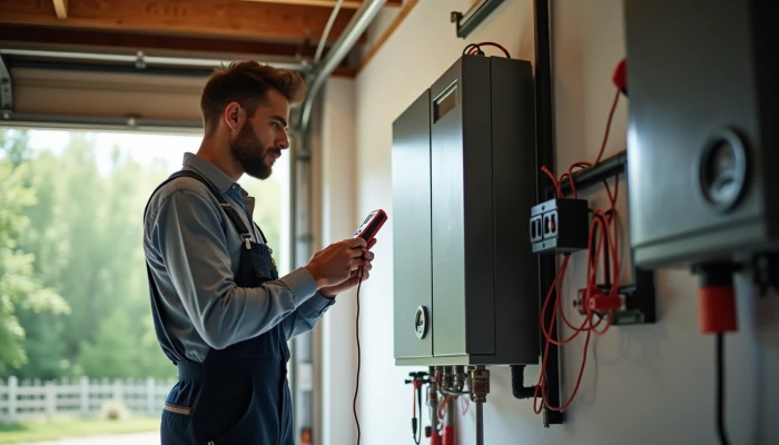 Homeowner checking home battery backup in garage