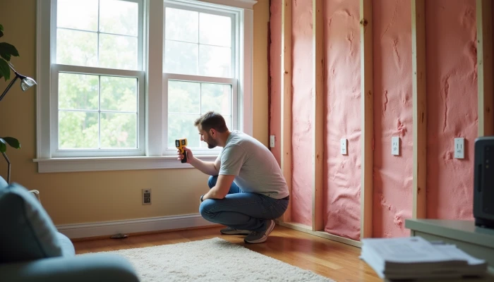 Homeowner checking window for drafts during DIY energy audit
