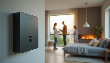 A modern home with a battery backup system, a family discussing energy solutions, abstract dashboard elements, and insulation materials.