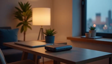 A compact portable power station on a modern apartment desk with a laptop and potted plant, under warm lighting.