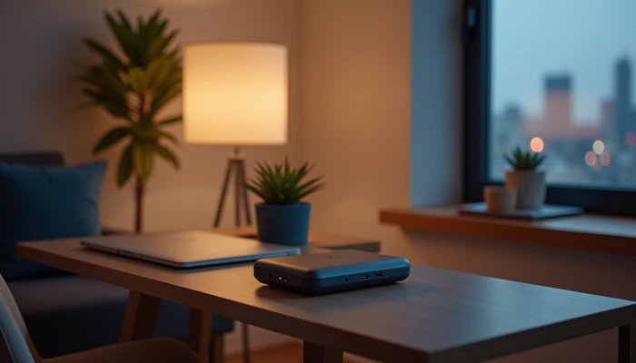 A compact portable power station on a modern apartment desk with a laptop and potted plant, under warm lighting.
