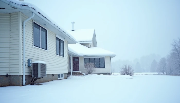 A house in cold weather with both heat pump and furnace visible