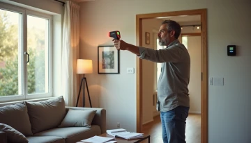 Homeowner conducting a DIY home energy audit in a modern living room