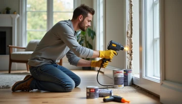 Homeowner using thermal camera to assess insulation gaps in a modern living room