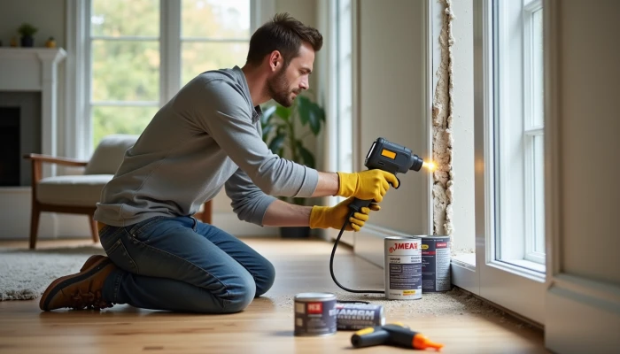 Homeowner using thermal camera to assess insulation gaps in a modern living room