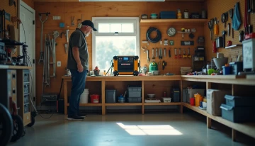 A portable power station stored safely on a shelf in a clean garage workshop