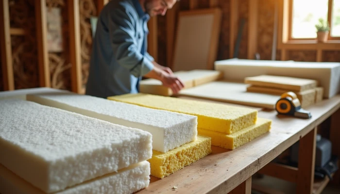 A workshop scene with insulation materials and tools, showing a person installing insulation to improve home energy efficiency.