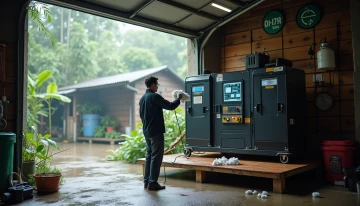 Portable power station in a garage with silica gel packets and a person maintaining it
