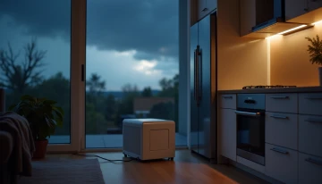 Portable power station connected to a refrigerator in a home kitchen during a power outage, with ambient lighting and a stormy sky visible through a window.