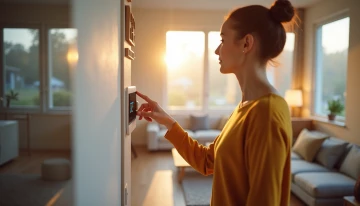 A person interacting with a smart home device in a modern living room, surrounded by energy-efficient appliances and natural light.