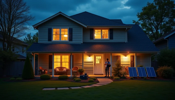 A suburban home during a power outage, with interior lights on from backup power sources. Outside, abstract representations of a portable power station and solar panels. A family member checking a device, with warm lighting highlighting the home's resilience.