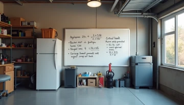 A garage filled with essential appliances and a whiteboard displaying calculations for home battery backup