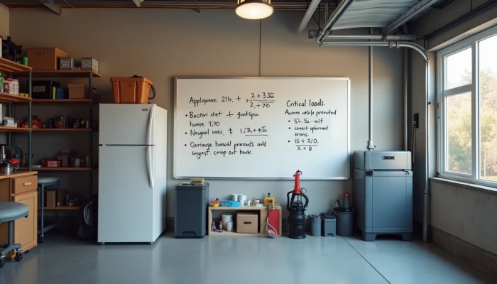 A garage filled with essential appliances and a whiteboard displaying calculations for home battery backup