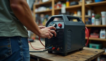 Person inspecting a portable power station in a garage workshop