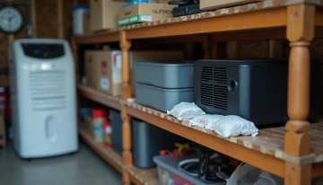 Portable power station stored safely in a garage with humidity control measures