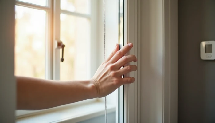 Renter applying removable insulation film to a window frame in a modern apartment living room