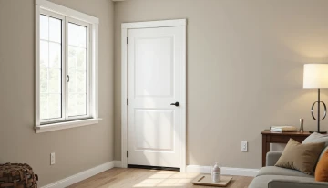 A living room scene showing weatherization elements: adhesive tape on a window, a door sweep, and a caulking tube on a table.
