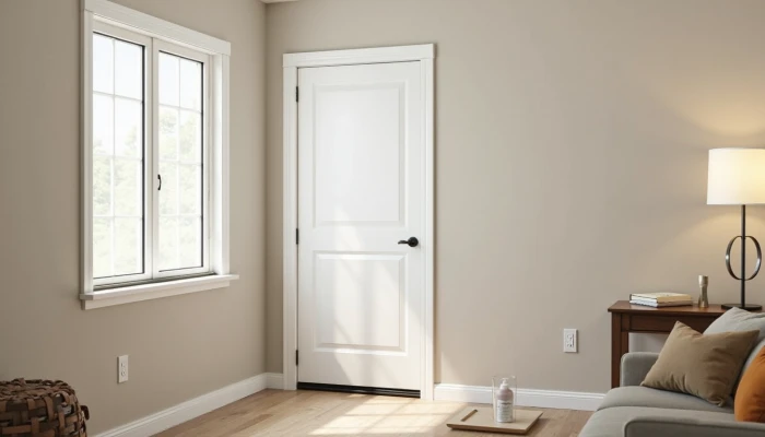 A living room scene showing weatherization elements: adhesive tape on a window, a door sweep, and a caulking tube on a table.