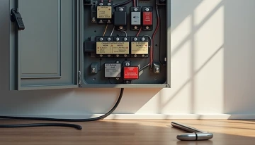 Modern home electrical panel showing abstract representations of installation errors including loose cables, missing safety components, incompatible connectors, and neglected maintenance tools.