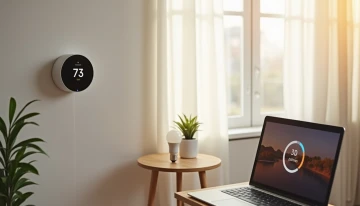 Modern apartment interior showing energy-saving elements like thermostat, LED bulb, and smart plug
