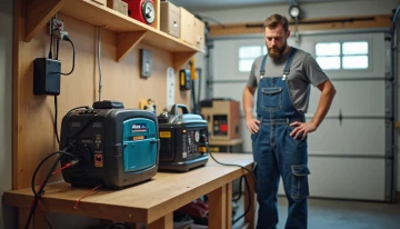 A homeowner comparing a portable power station and a generator in a garage