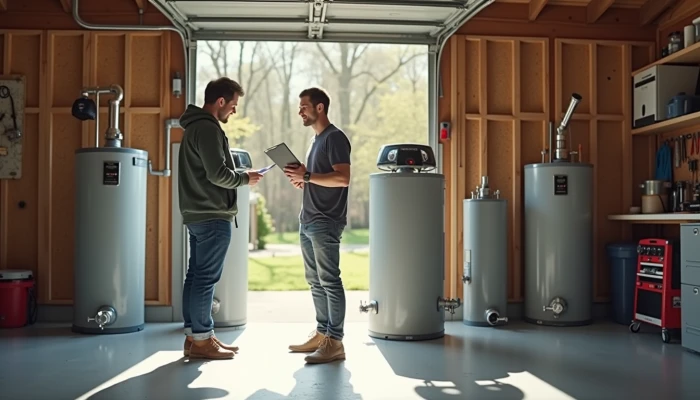 Homeowner comparing water heaters in garage