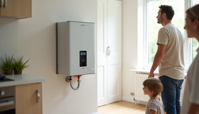 A heat pump water heater in a modern kitchen