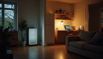 A modern home interior with a standalone home battery system powering essential appliances during a power outage. The scene includes a refrigerator, desk lamp, and laptop, illuminated by warm light. The battery unit is discreetly placed in a utility area with no visible or branding.
