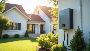 A modern home with a side-mounted gray home battery system