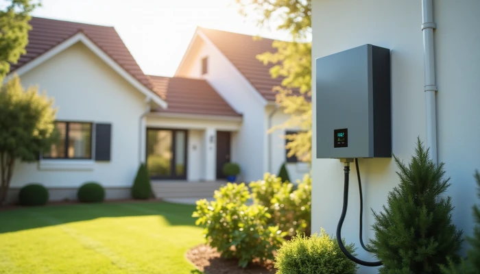A modern home with a side-mounted gray home battery system