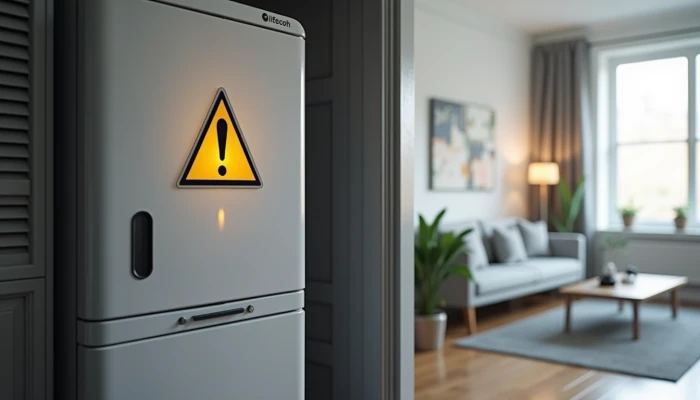 Apartment interior with battery storage system, heat vents, and abstract safety symbol