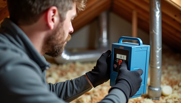 HVAC technician performing a blower door test in an older home's attic