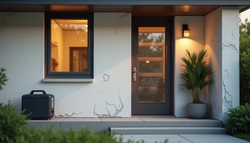 A modern home with visual indicators of energy resilience challenges, including foundation cracks, flickering light, exposed insulation, and a portable power station on the porch.