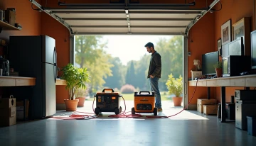 Portable power station and solar generator set up in a garage workspace with connected household appliances