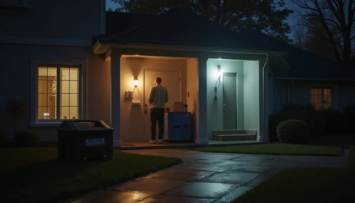 Modern home interior with emergency lighting, portable power station, and tripped circuit breaker during a power outage