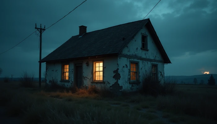 A dilapidated house showing signs of wear with flickering interior lights and a lone power line extending into the distance, suggesting energy inefficiency and reliance on unstable power sources.
